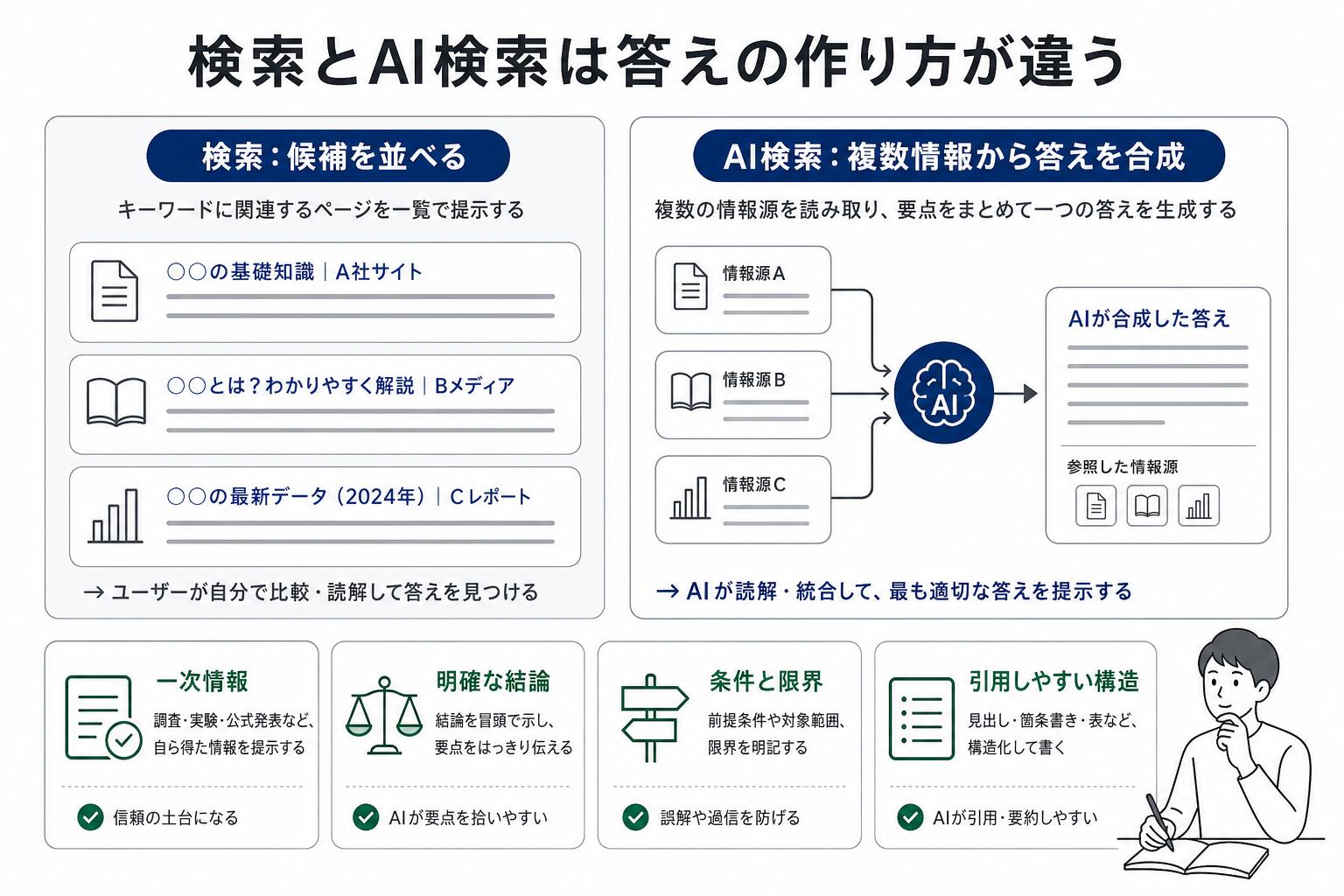検索は候補ページを並べ、AI検索は複数の情報源から1つの答えを合成する違いの図解