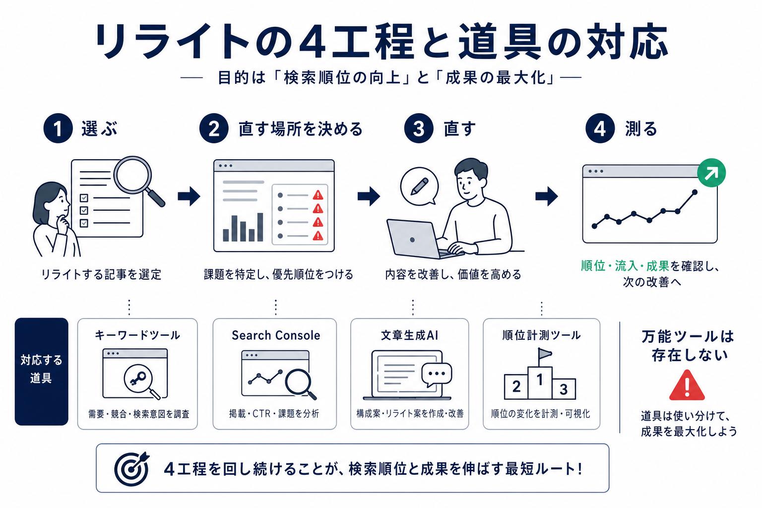 リライトしても順位が変わらないときの4段階。①まだ反映されていない②表示回数が足りず測れない③直した箇所が原因ではなかった④変化が小さすぎて見えない。それぞれで見る場所が違う